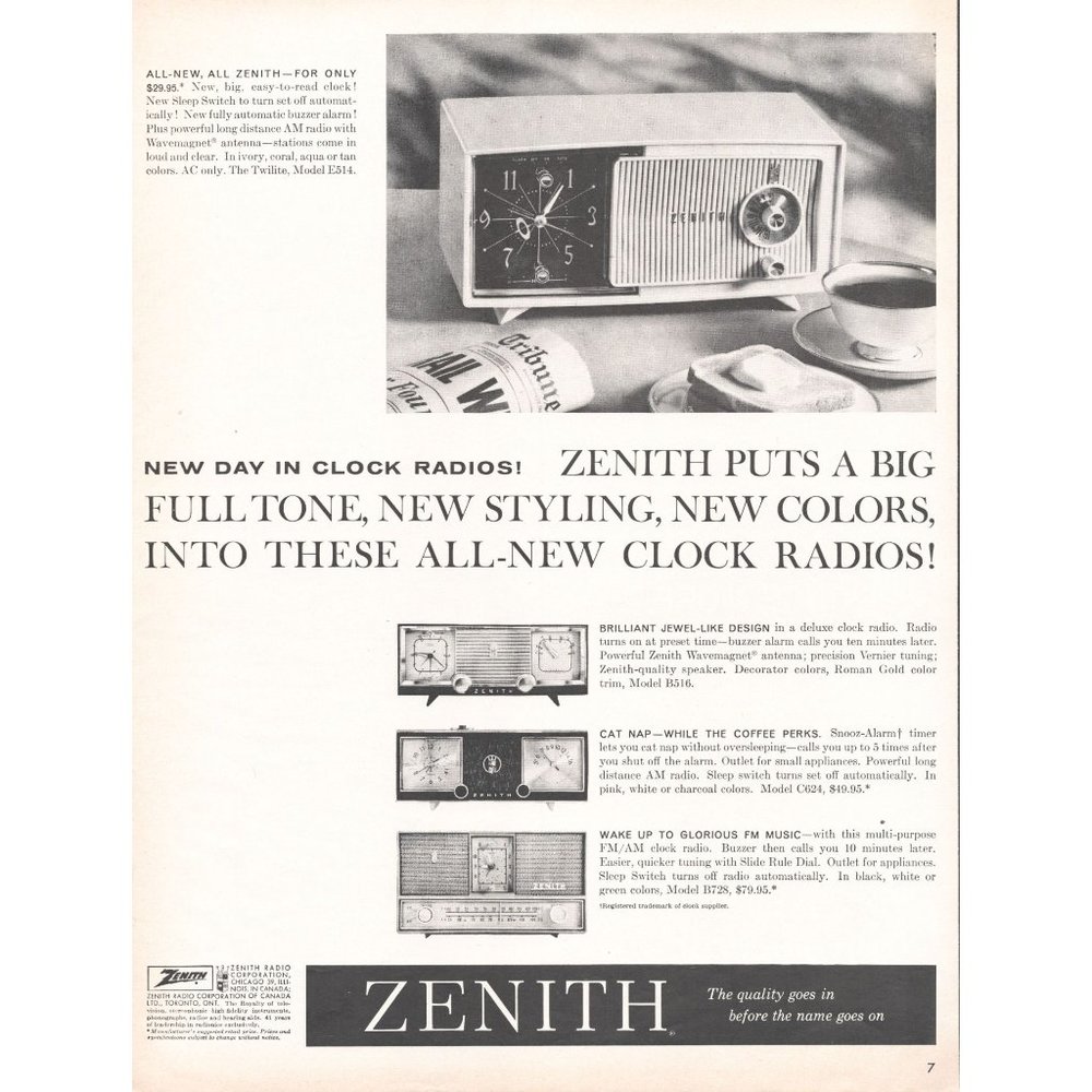 1960 Zenith Clock Radio Vintage Print Ad Morning Coffee Newspaper Wall Art MCM